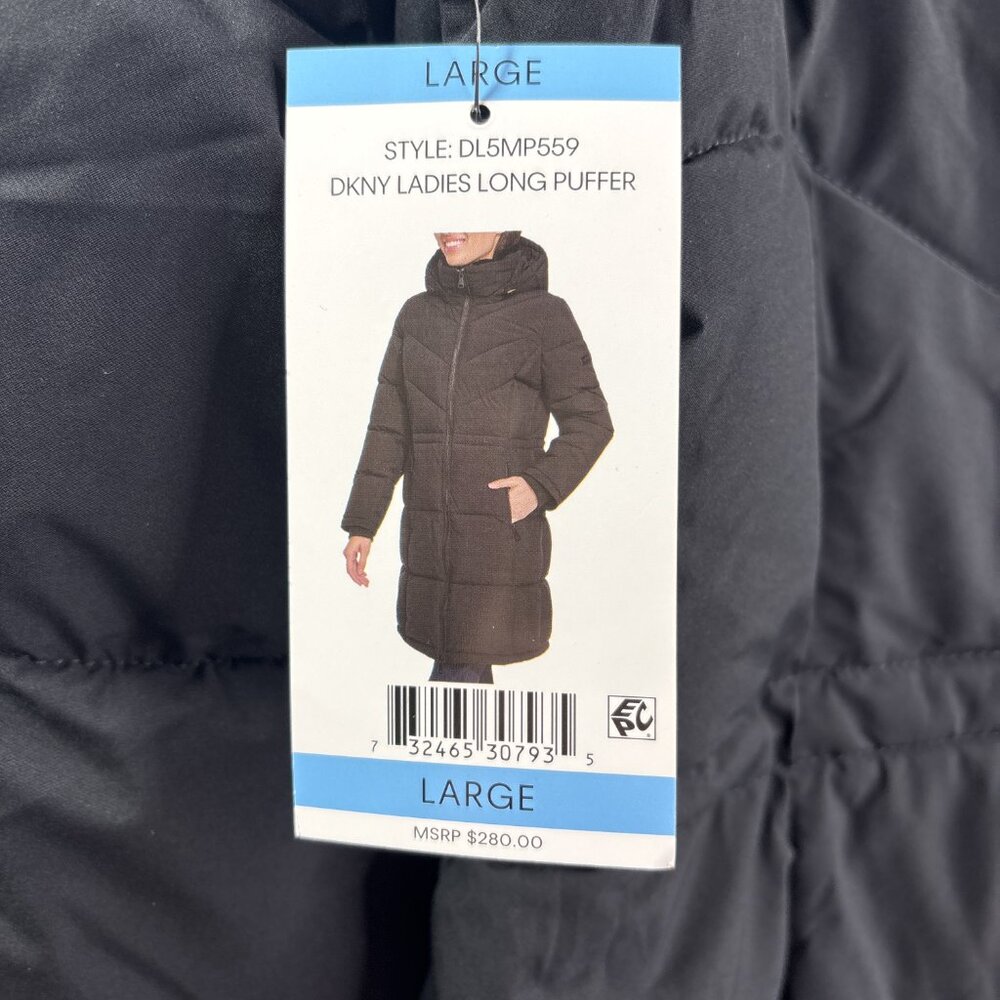 DKNY Women's Long Puffer Jacket Faux Fur Collar Removable Hood Size L Black NWT - Picture 12 of 15